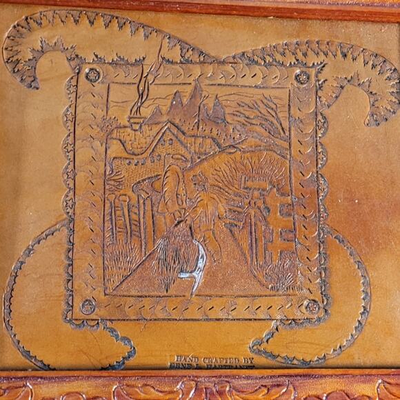 Gene L. Hartranft Handcrafted Leather Tooling Framed Folk Art Farmscape 13x11 - Picture 6 of 8